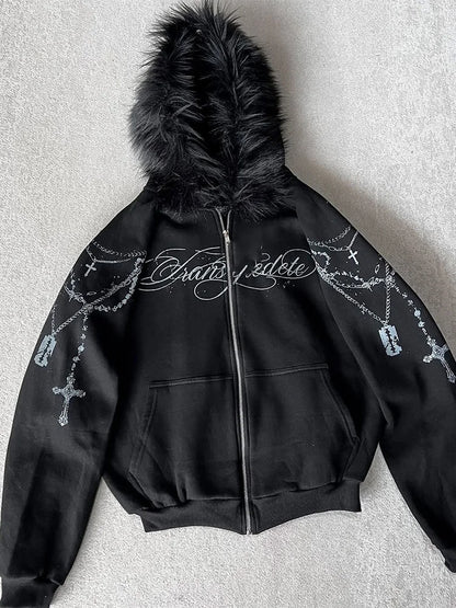 Bluza Rozpinana Y2K Zip-Up z Futrzanym Kapturem | Gothic Graphic Hoodie