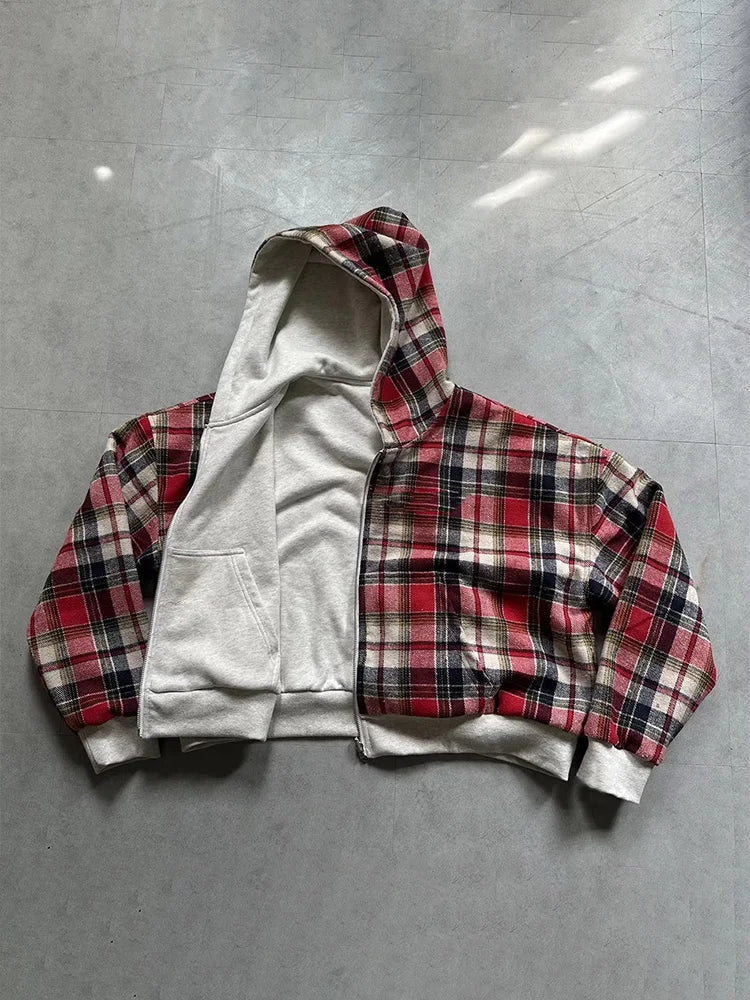 Dwustronna Bluza Rozpinana z Kapturem w Kratę – Oversize / Boxy Fit