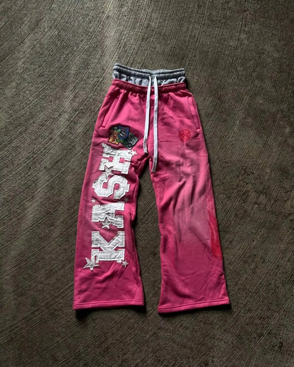Tytuł produktu: KASH Star Applique Double-Waist Oversized Sweatpants – Szerokie Spodnie Dresowe (Czarne / Różowe)