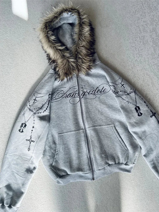 Bluza Rozpinana Y2K Zip-Up z Futrzanym Kapturem | Gothic Graphic Hoodie