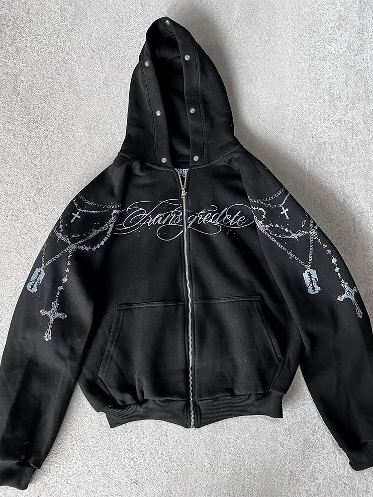 Bluza Rozpinana Y2K Zip-Up z Futrzanym Kapturem | Gothic Graphic Hoodie