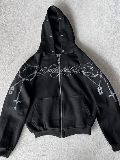 Bluza Rozpinana Y2K Zip-Up z Futrzanym Kapturem | Gothic Graphic Hoodie