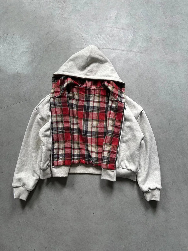 Dwustronna Bluza Rozpinana z Kapturem w Kratę – Oversize / Boxy Fit