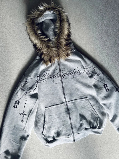 Bluza Rozpinana Y2K Zip-Up z Futrzanym Kapturem | Gothic Graphic Hoodie