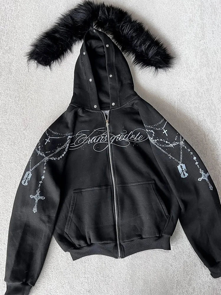 Bluza Rozpinana Y2K Zip-Up z Futrzanym Kapturem | Gothic Graphic Hoodie