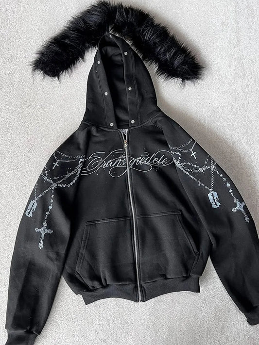 Bluza Rozpinana Y2K Zip-Up z Futrzanym Kapturem | Gothic Graphic Hoodie
