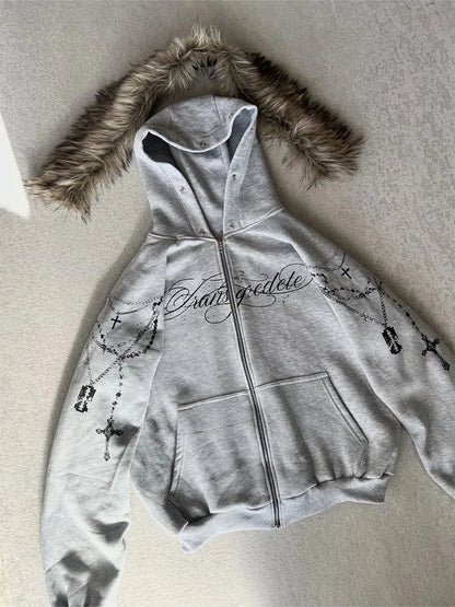 Bluza Rozpinana Y2K Zip-Up z Futrzanym Kapturem | Gothic Graphic Hoodie