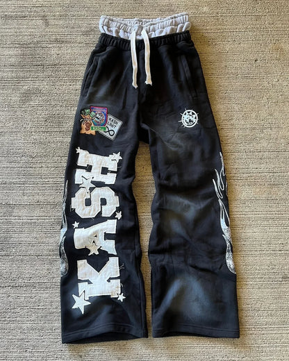 Tytuł produktu: KASH Star Applique Double-Waist Oversized Sweatpants – Szerokie Spodnie Dresowe (Czarne / Różowe)